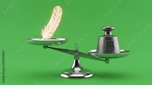 A scale balances a heavy weight against a light feather