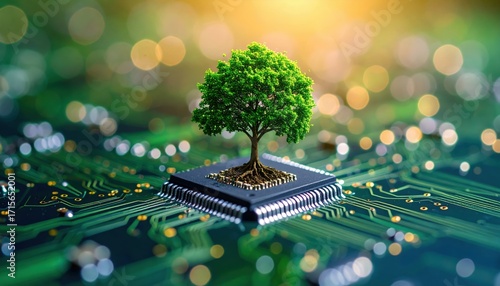 A lush green tree growing from a computer chip on a circuit board, symbolizing green technology and environmental sustainability.