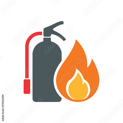 Fire Safety Vector Graphic: A Fire Extinguisher and a Flame in Flat Design.