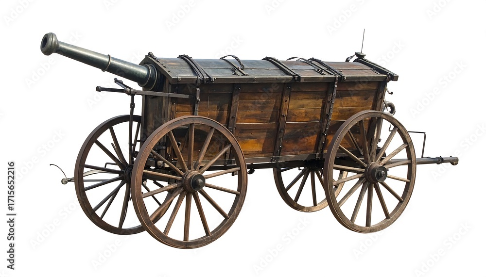 Fototapeta premium An antique wooden wagon with a cannon, showcasing historical transportation and weaponry.