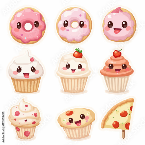 A delightful collection of cute kawaii food characters as stickers, featuring smiling donuts, cupcakes, and pizza slices in a sweet cartoon illustration set