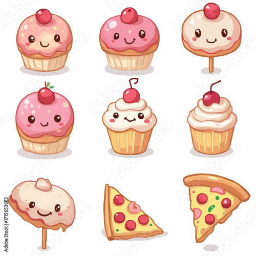 Adorable cartoon food collection featuring cheerful cupcakes, sweet treats on sticks, and delicious pizza slices, perfect for playful designs and children's culinary themes
