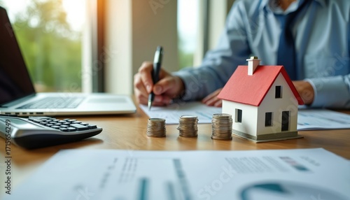 Financial planning for real estate investment. Person analyzes charts, stacks of coins, house model. Laptop, calculator facilitate property analysis, mortgage calculation, strategic planning for home