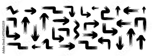 Collection of Black Brush Stroke Arrows Pointing in Various Directions