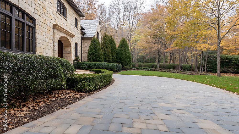 Fototapeta premium Estate home with brick driveway, landscaped bushes, and trees with autumn leaves. The stone building creates a welcoming scene.