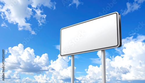 An empty road sign stands against a vibrant sky filled with puffy white clouds.