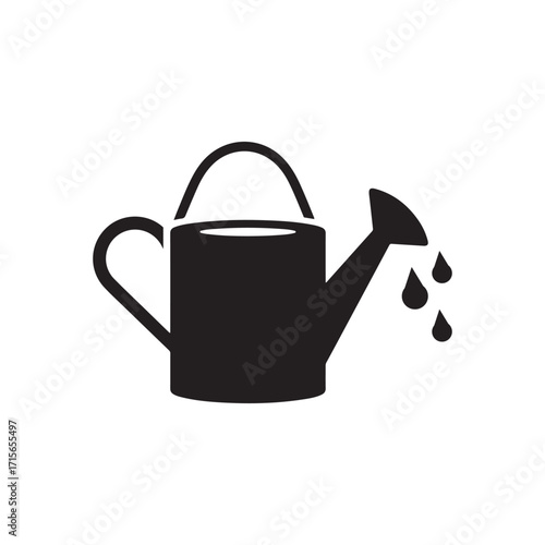 Black Silhouette Vector Icon of a Watering Can and Water Drops.