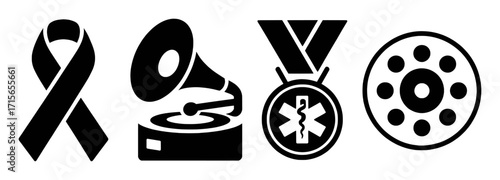 Collection of Black Icons: Ribbon, Gramophone, Medical Medal, and Rotary Dial