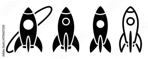 Collection of Four Black Rocket Ship Icons on White Background
