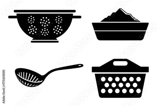 Collection of Kitchen Utensils and Baskets: Colander, Skimmer, Bowl, and Laundry Basket Icons