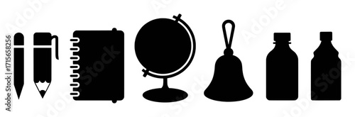 Collection of School and Science Icons: Pencil, Notebook, Globe, Bell, Bottles