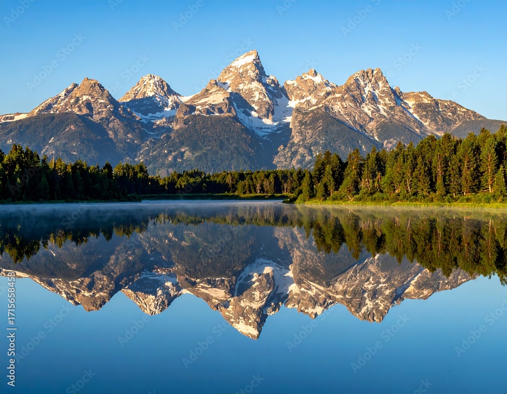 Obraz premium Mountain peaks reflected in a calm lake at dawn