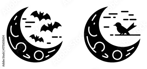 Crescent Moon with Bats and Bird Icons, Halloween and Night Theme