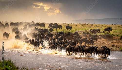 Dramatic Kenyan crossing herds while migration predators nearby wait wildebeest river massive savanna