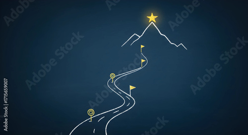 未来への戦略的ロードマップとビジョン。目標達成への道のりを描く、手書きの黒板イラスト背景。