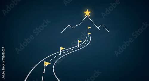 未来への戦略的ロードマップとビジョン。目標達成への道のりを描く、手書きの黒板イラスト背景。