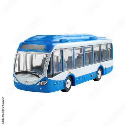 Blue and white toy bus, side view