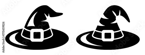 Two Black Witch Hats with Buckles, Isolated on White Background