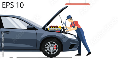 Skilled mechanic performing essential car repair and maintenance service on an automobile, ensuring comprehensive automotive care and professional vehicle upkeep