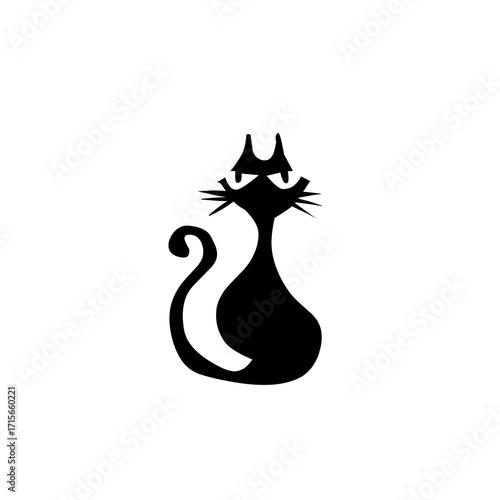 Black silhouette illustration of a sitting cat with big eyes, long whiskers, and a curled tail, giving a playful yet mysterious Halloween vibe.