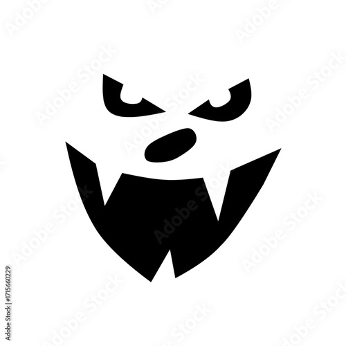 Black silhouette illustration of a scary monster face with sharp teeth, angry eyes, and an eerie expression, perfect for Halloween themes.