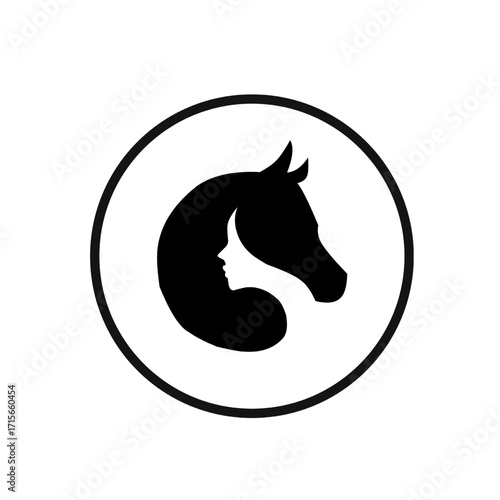 A clever black and white vector logo combining the silhouettes of a horse's head and a woman's face in a single form within a circle, creating a unique optical illusion.