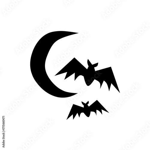 A simple black silhouette of two bats flying in front of a crescent moon, a classic spooky scene for Halloween and night-themed designs.