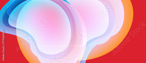 Abstract fluid shapes overlap, creating vibrant layers. Red background complements cool blue, pink, orange hues. Modern design element.