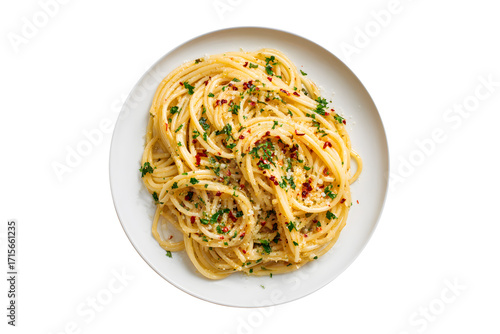 Spaghetti aglio e olio with chili flakes and parsley on a white plate, isolated on transparent background
