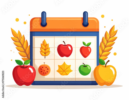 Vibrant Autumn Harvest Calendar Illustration for Seasonal Planning, Featuring Ripe Apples, Golden Wheat, and Colorful Fall Leaves, Perfect for Celebrating the Bounty of the Season