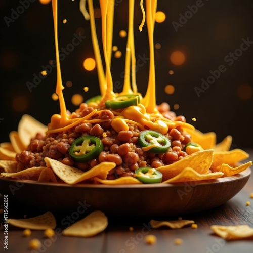 Nachos spilling over from a tilted tray, hot cheese pouring and glowing in warm yellow light