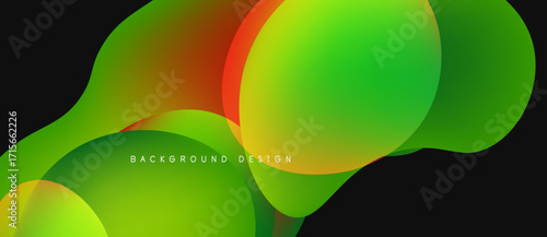 Abstract vibrant shapes overlap, creating dynamic gradient effect. Dark background enhances colorful forms, modern design element.