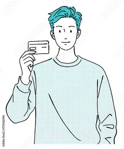 笑顔でクレジットカードを持つ若い男性のおしゃれな線画アイコンベクターイラスト / キャッシュレス / 支払い / ラインアート 