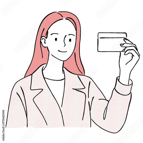笑顔でクレジットカードを持つ若い女性のおしゃれな線画アイコンベクターイラスト / キャッシュレス / 支払い / ラインアート