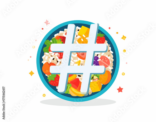 A vibrant and healthy fruit and grain bowl topped with a prominent hashtag symbol, representing modern wellness, digital trends, and clean eating on social media platforms