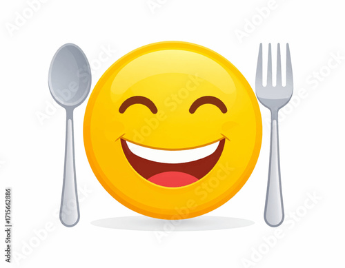 Emoji Ready to Eat with Utensils A Fun and Hungry Yellow Smiley Face