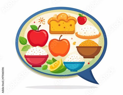 Vibrant thought bubble showcasing diverse healthy food items like fruits, grains, and desserts, symbolizing dietary choices, nutrition planning, and culinary ideas