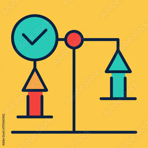 Balance scale with checkmark and arrows representing decision making
