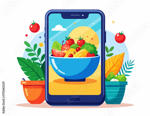 Healthy Food App A Colorful Bowl of Fresh Fruits and Vegetables on Your Phone