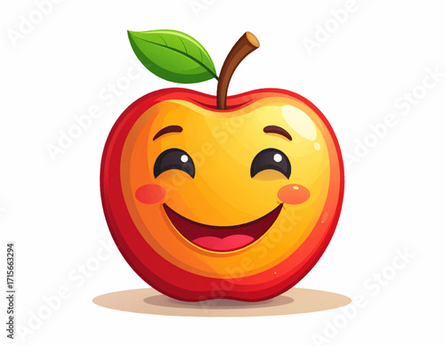 A cheerful cartoon apple with a big smile and rosy cheeks, radiating happiness and a healthy glow, perfect for children's content or healthy eating campaigns