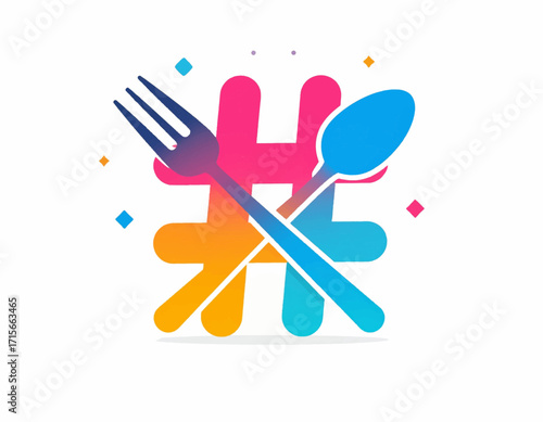 Colorful food social media logo with a hashtag symbol and crossed fork and spoon, ideal for a restaurant, culinary blog, or dining app