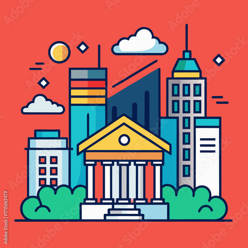 Stylized cityscape with classical building and modern skyscrapers