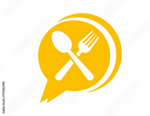 Culinary icon of a spoon and fork crossed within a speech bubble, symbolizing food and communication related to dining experiences