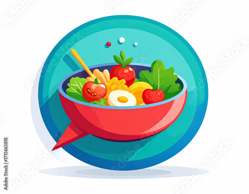 Vibrant and appetizing vector illustration of a healthy mixed meal in a unique speech bubble bowl, symbolizing communication around fresh food, diet, and delicious dining experiences