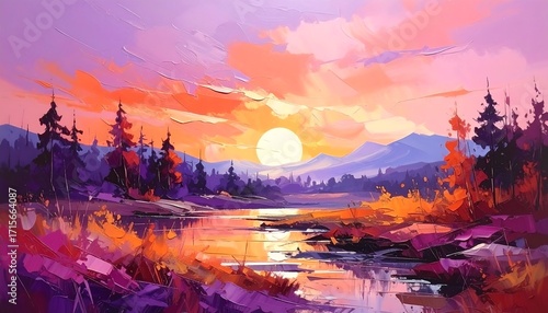 Vibrant Sunset Over Mountain Lake Landscape Painting