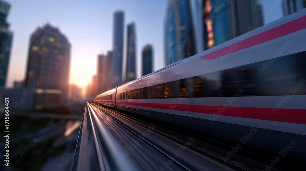 Obraz premium High-speed train passing through a futuristic cityscape with towering skyscrapers and digital billboards at sunset