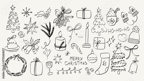 Hand draw doodle Christmas elements. Whimsical illustration.