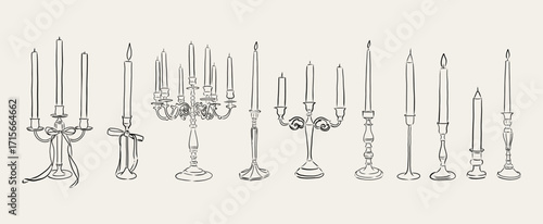 Hand draw coquette sketch style candles set collection.
