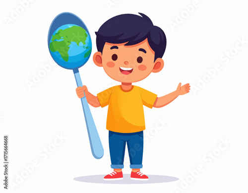 Happy Boy Holding Giant Spoon with Earth Globe Protecting Our Planet