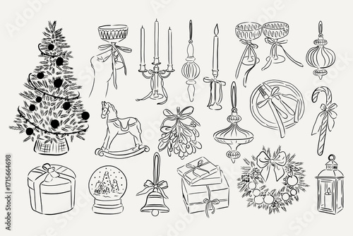 Hand draw sketch style christmas and new year elements collection.